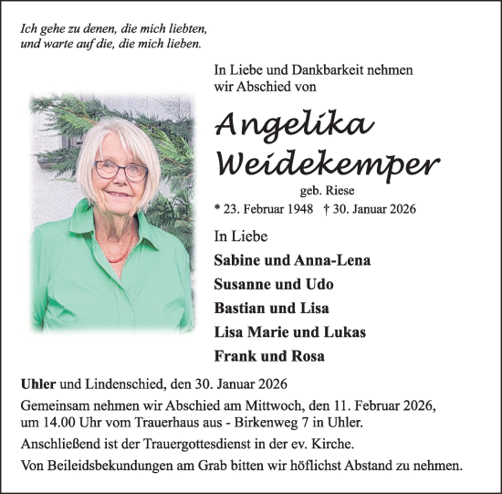 Traueranzeige von Angelika Weidekemper von WochenSpiegel