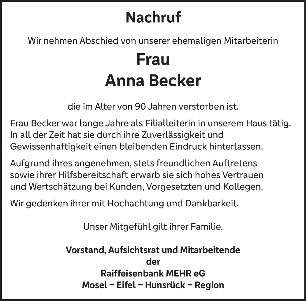  Traueranzeige für Anna Becker vom 25.02.2026 aus WochenSpiegel