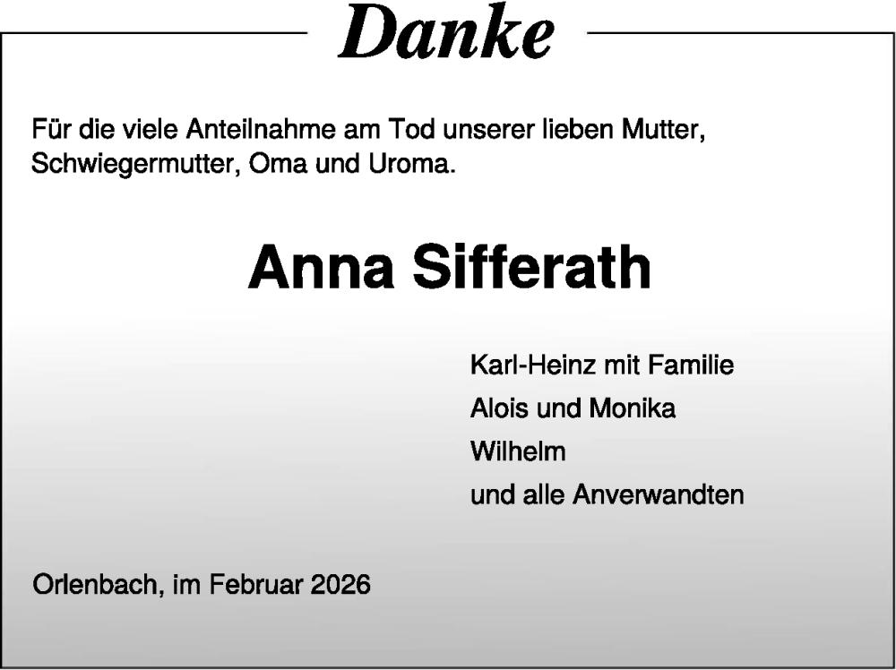  Traueranzeige für Anna Sifferath vom 27.02.2026 aus WochenSpiegel