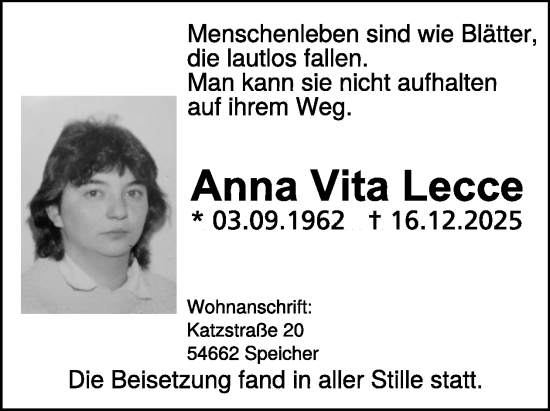 Traueranzeige von Anna Vita Lecce von WochenSpiegel