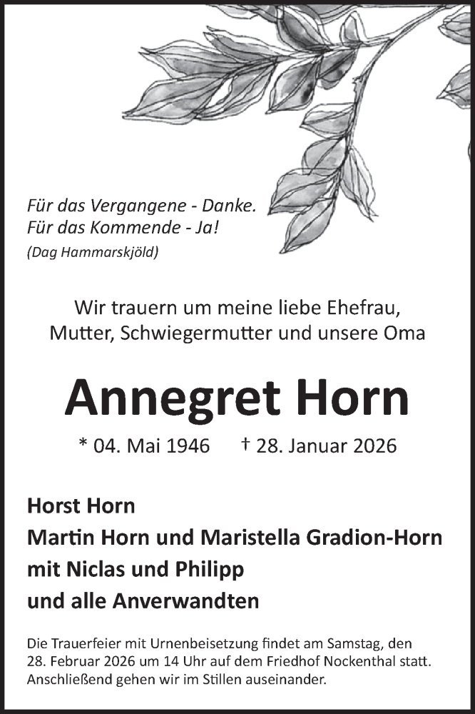  Traueranzeige für Annegret Horn vom 14.02.2026 aus WochenSpiegel