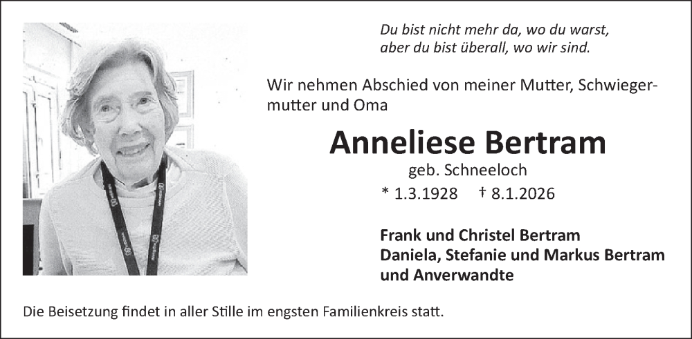  Traueranzeige für Anneliese Bertram vom 04.02.2026 aus WochenSpiegel