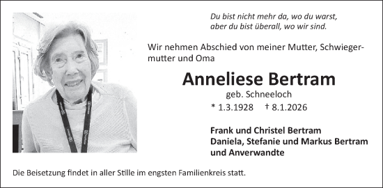 Traueranzeige von Anneliese Bertram von WochenSpiegel