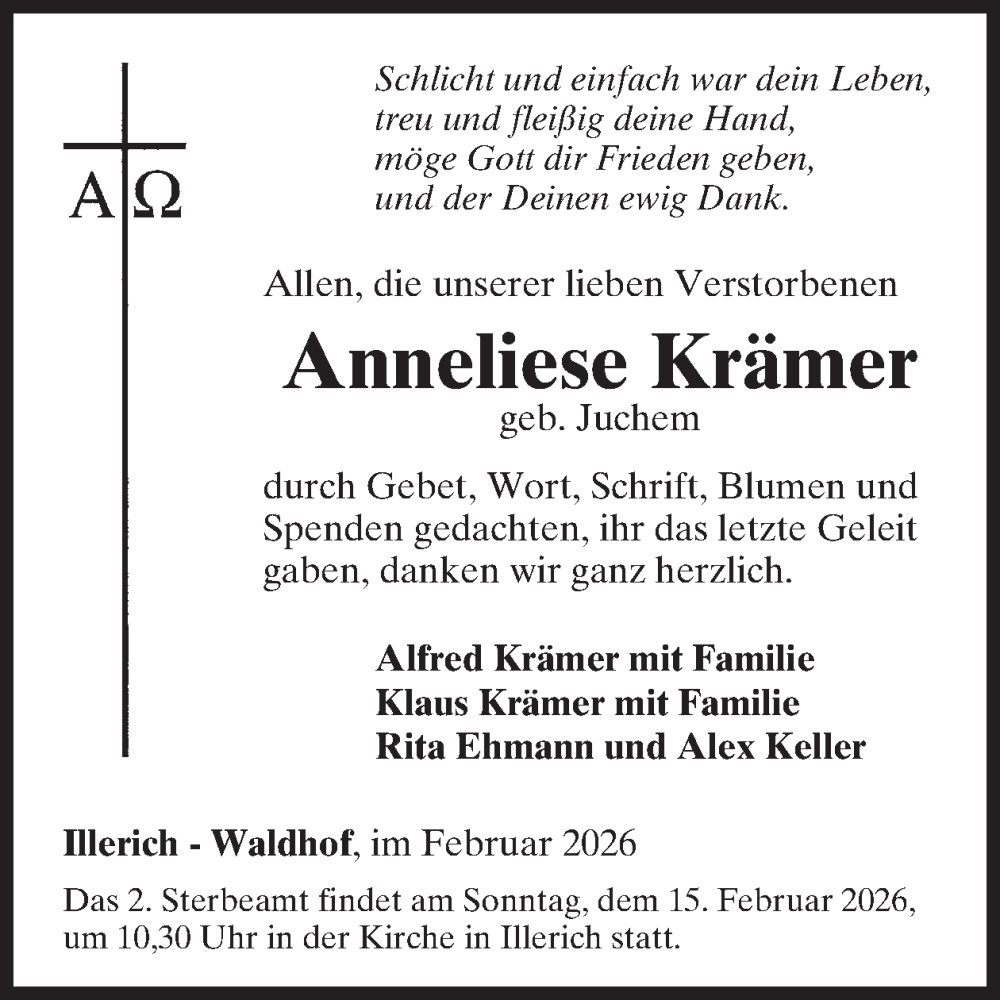  Traueranzeige für Anneliese Krämer vom 04.02.2026 aus WochenSpiegel