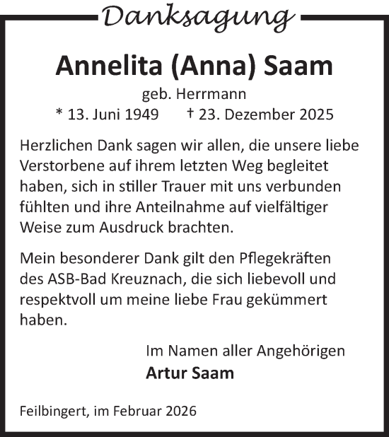 Traueranzeige von Annelita Saam von WochenSpiegel