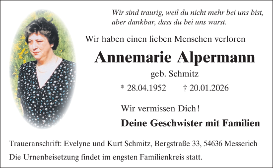 Traueranzeige von Annemarie Alpermann von WochenSpiegel