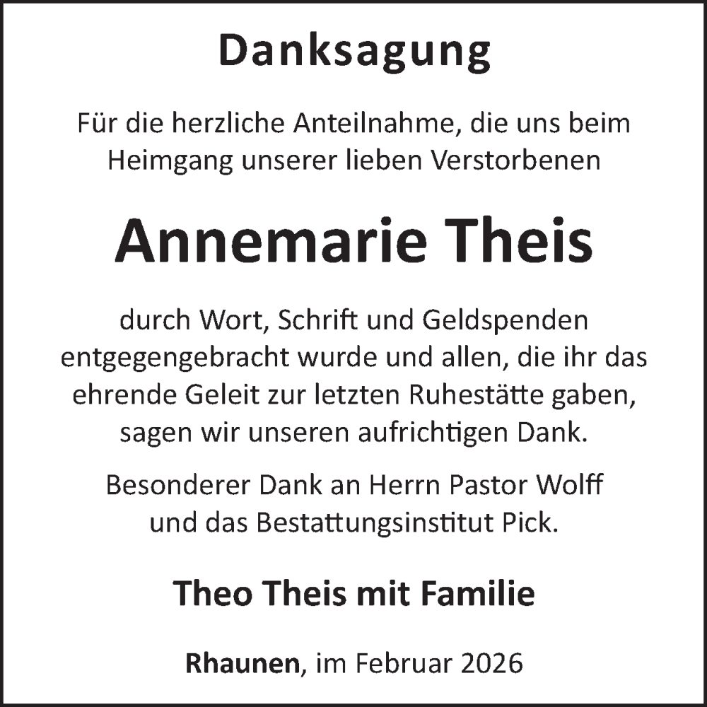  Traueranzeige für Annemarie Theis vom 14.02.2026 aus WochenSpiegel
