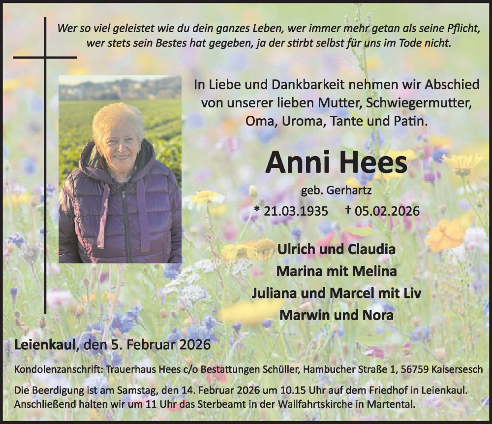  Traueranzeige für Anni Hees vom 11.02.2026 aus WochenSpiegel