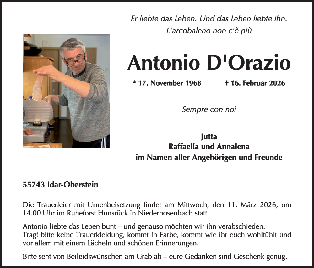  Traueranzeige für Antonio DOrazio vom 28.02.2026 aus WochenSpiegel
