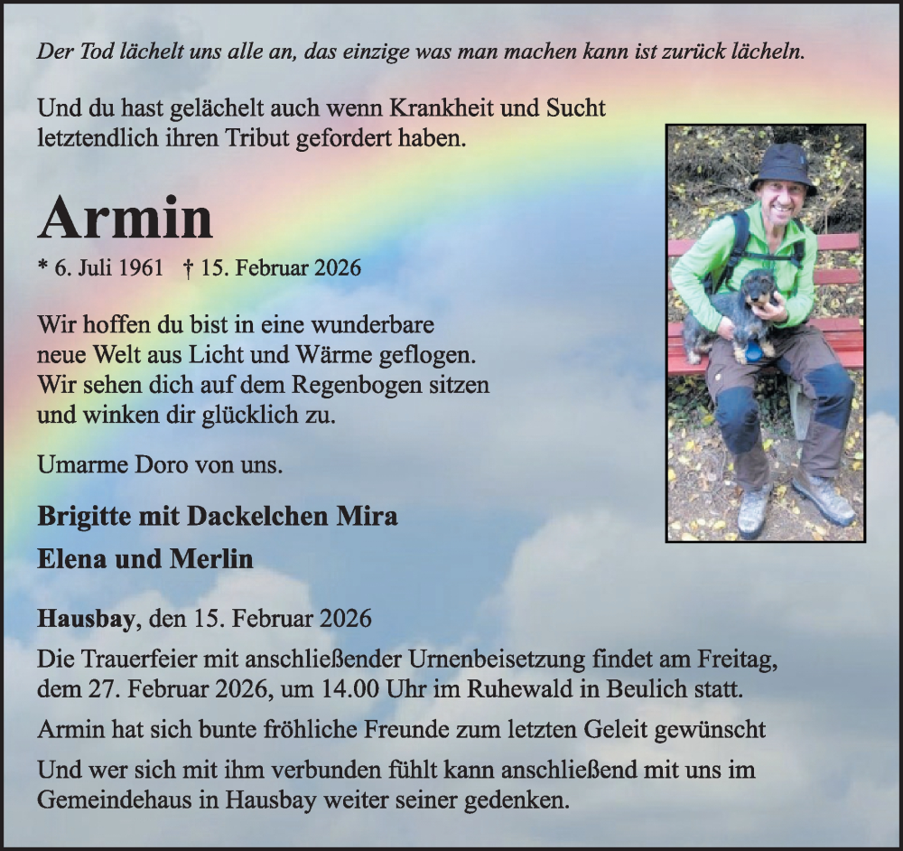  Traueranzeige für Armin  vom 21.02.2026 aus WochenSpiegel
