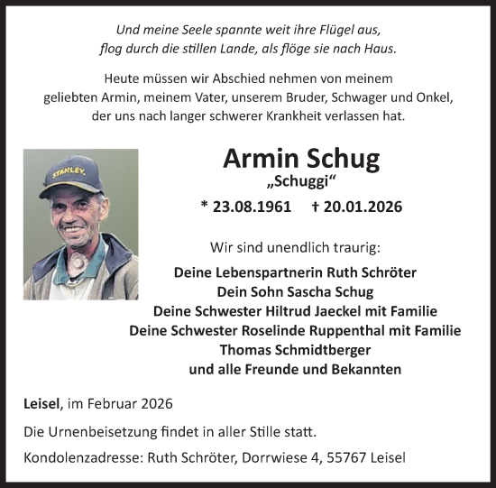 Traueranzeige von Armin Schug von WochenSpiegel