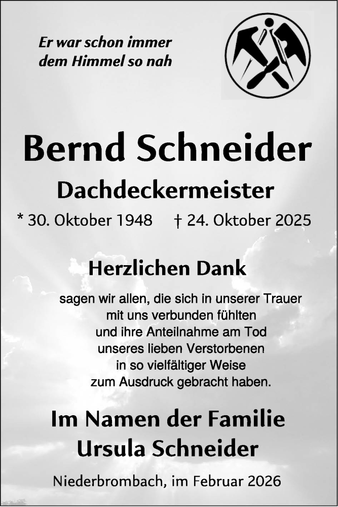  Traueranzeige für Bernd Schneider vom 21.02.2026 aus WochenSpiegel