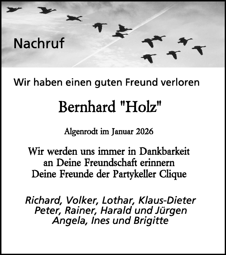  Traueranzeige für Bernhard  vom 21.02.2026 aus WochenSpiegel