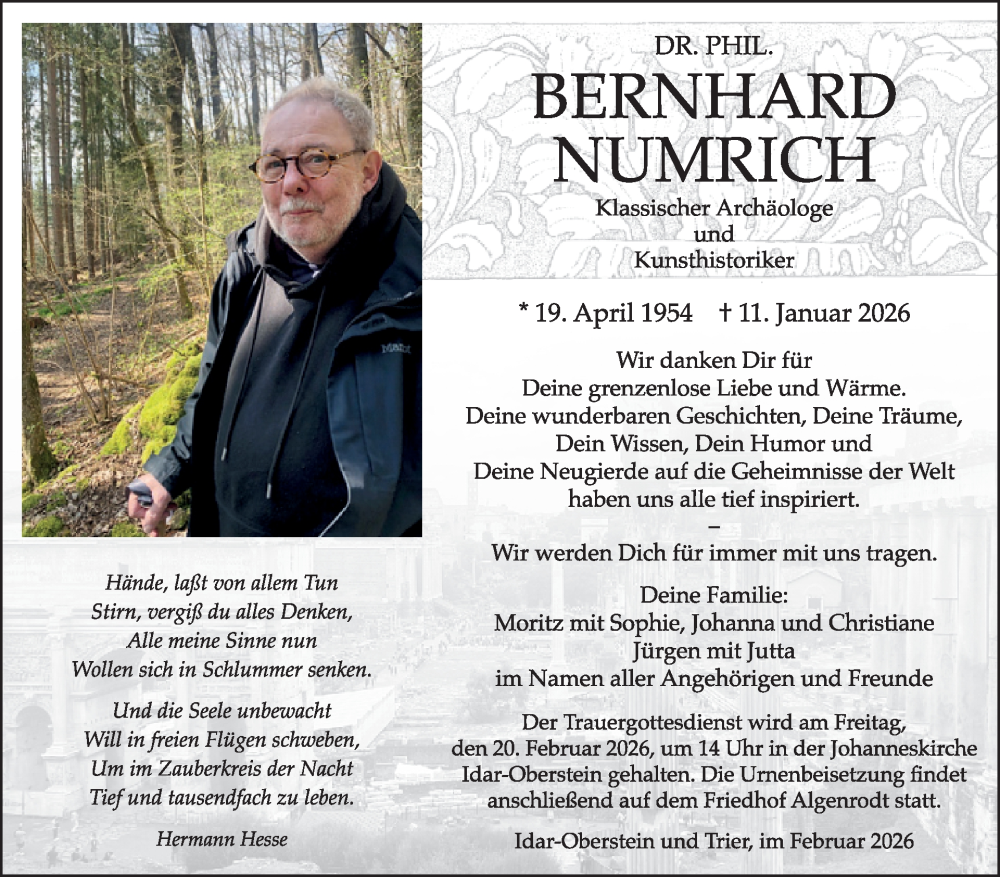  Traueranzeige für Bernhard Numrich vom 14.02.2026 aus WochenSpiegel