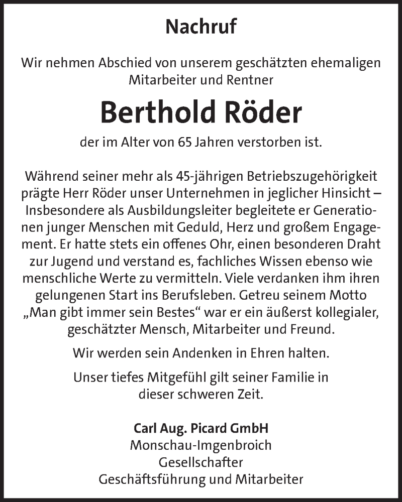  Traueranzeige für Berthold Röder vom 11.02.2026 aus WochenSpiegel