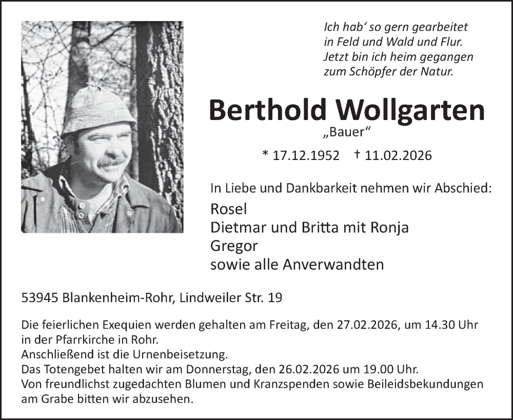  Traueranzeige für Berthold Wollgarten vom 18.02.2026 aus WochenSpiegel