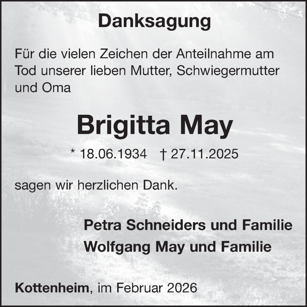  Traueranzeige für Brigitta May vom 04.02.2026 aus WochenSpiegel