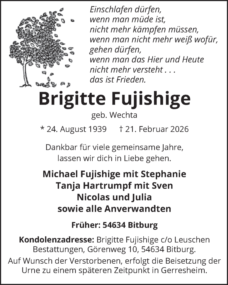  Traueranzeige für Brigitte Fujishige vom 27.02.2026 aus WochenSpiegel