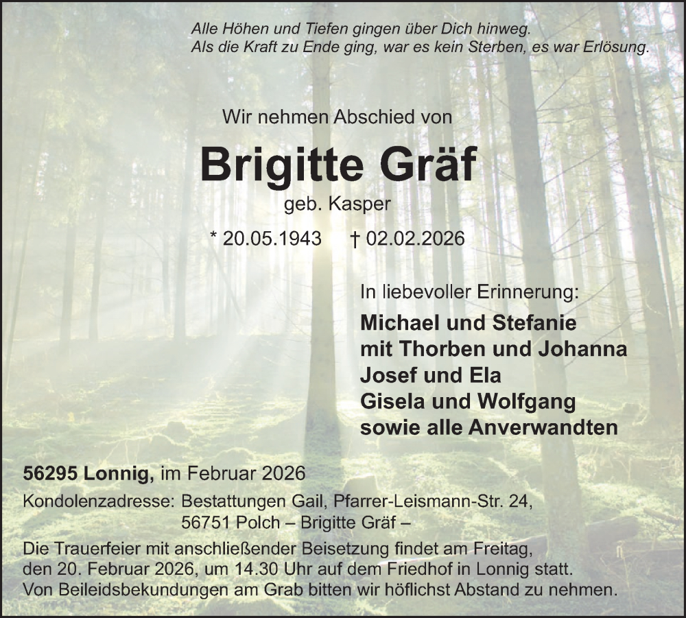  Traueranzeige für Brigitte Gräf vom 18.02.2026 aus WochenSpiegel