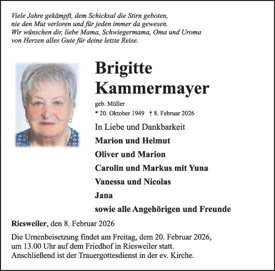 Traueranzeige von Brigitte Kammermayer von WochenSpiegel