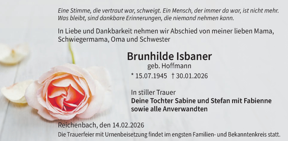  Traueranzeige für Brunhilde Isbaner vom 14.02.2026 aus WochenSpiegel