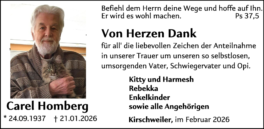  Traueranzeige für Carel Homberg vom 07.02.2026 aus WochenSpiegel