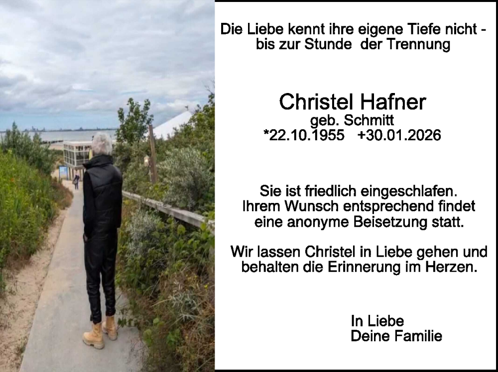  Traueranzeige für Christel Hafner vom 04.02.2026 aus WochenSpiegel