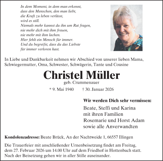 Traueranzeige von Christel Müller von WochenSpiegel