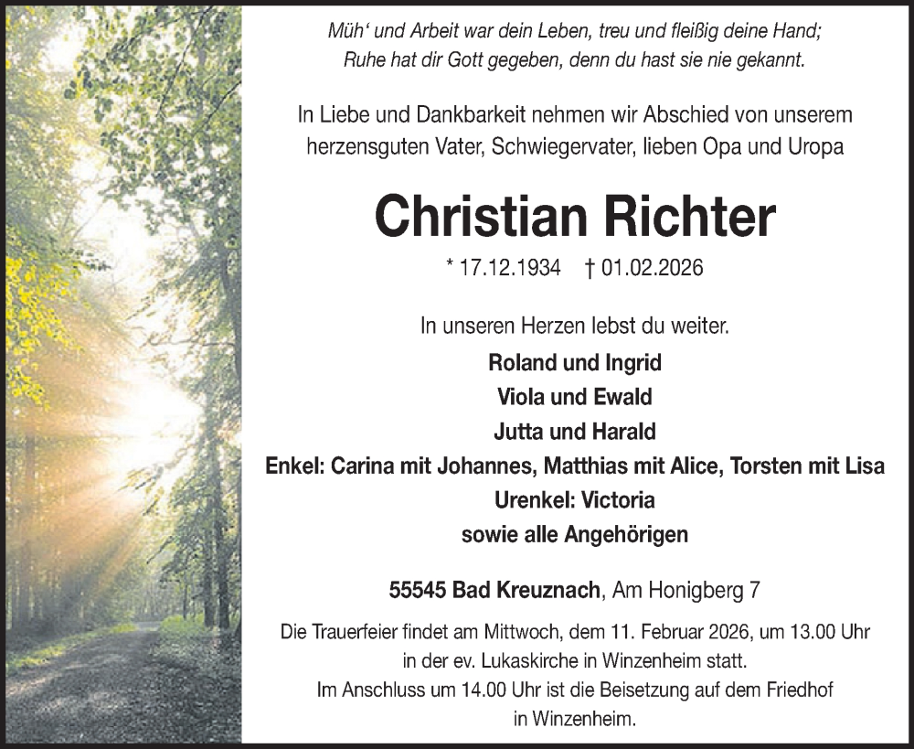  Traueranzeige für Christian Richter vom 07.02.2026 aus WochenSpiegel