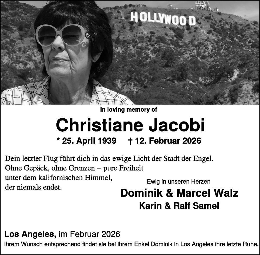  Traueranzeige für Christiane Jacobi vom 21.02.2026 aus WochenSpiegel