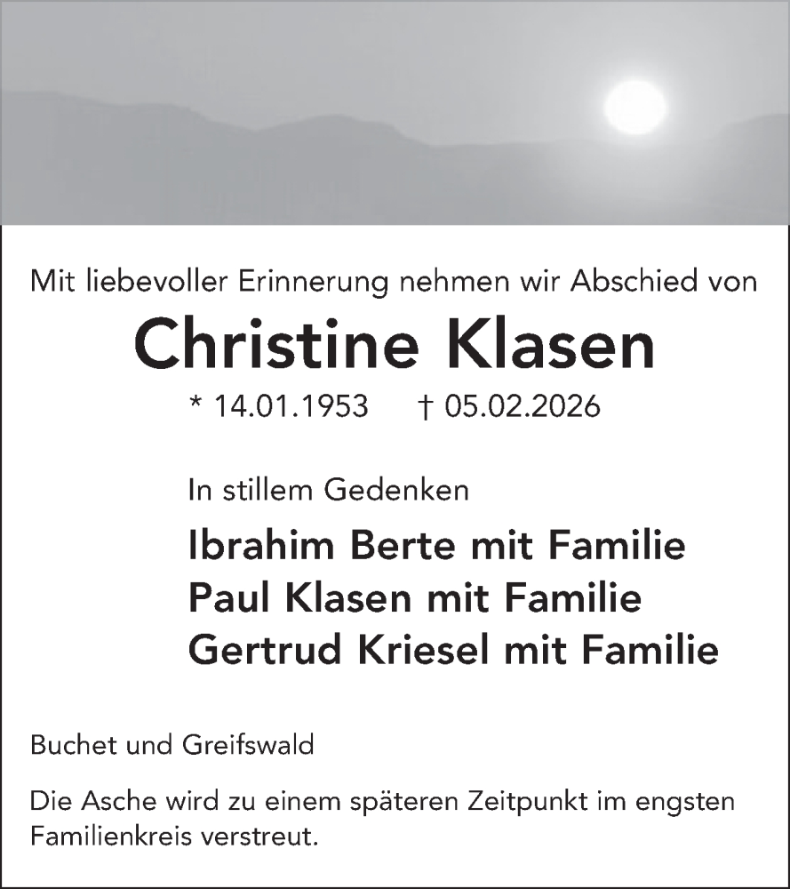  Traueranzeige für Christine Klasen vom 20.02.2026 aus WochenSpiegel