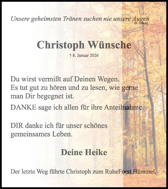 Traueranzeige von Christoph Wünsche von WochenSpiegel