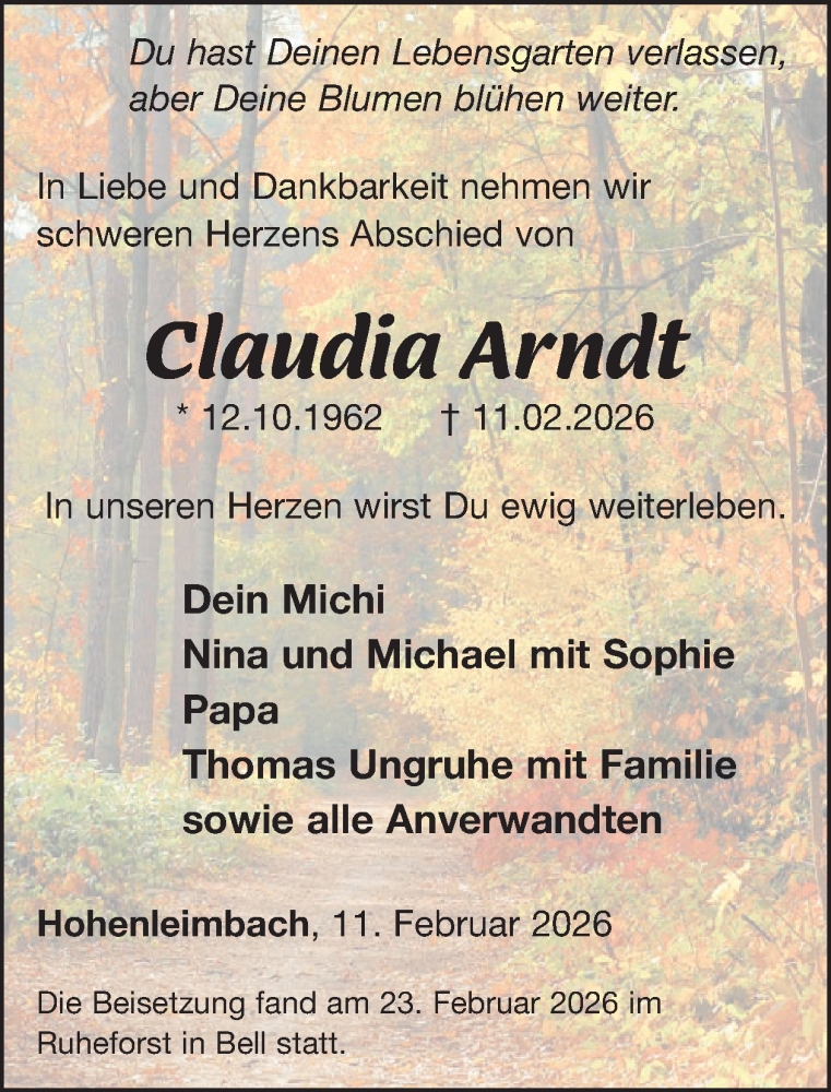  Traueranzeige für Claudia Arndt vom 25.02.2026 aus WochenSpiegel