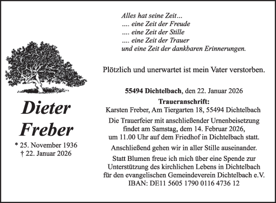 Traueranzeige von Dieter Freber von WochenSpiegel
