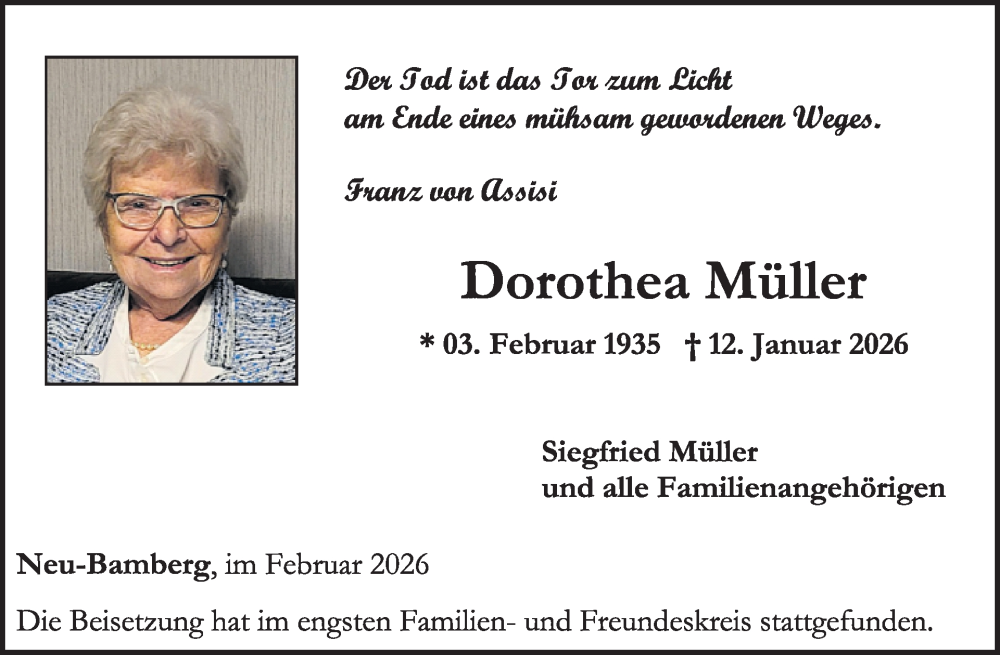  Traueranzeige für Dorothea Müller vom 14.02.2026 aus WochenSpiegel