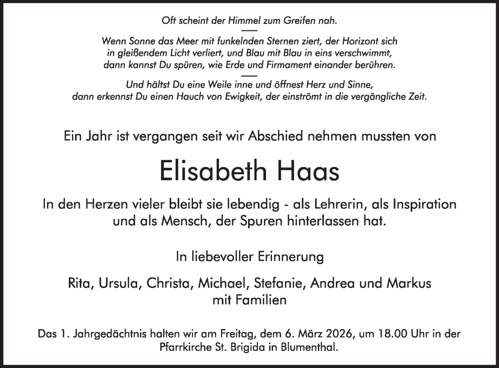  Traueranzeige für Elisabeth Haas vom 18.02.2026 aus WochenSpiegel