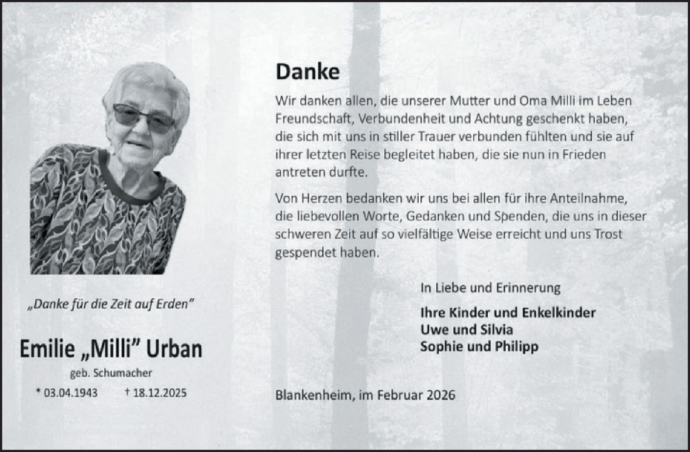  Traueranzeige für Emilie Urban vom 04.02.2026 aus WochenSpiegel
