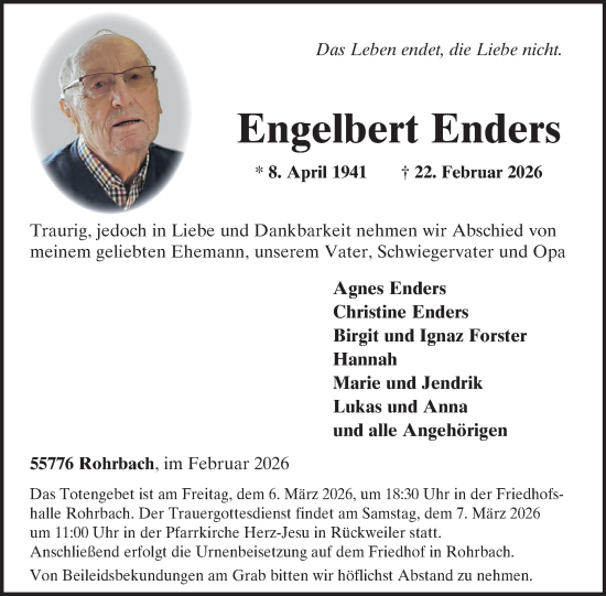 Traueranzeige von Engelbert Enders von WochenSpiegel