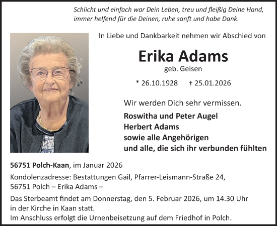 Traueranzeige von Erika Adams von WochenSpiegel