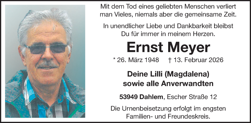  Traueranzeige für Ernst Meyer vom 18.02.2026 aus WochenSpiegel