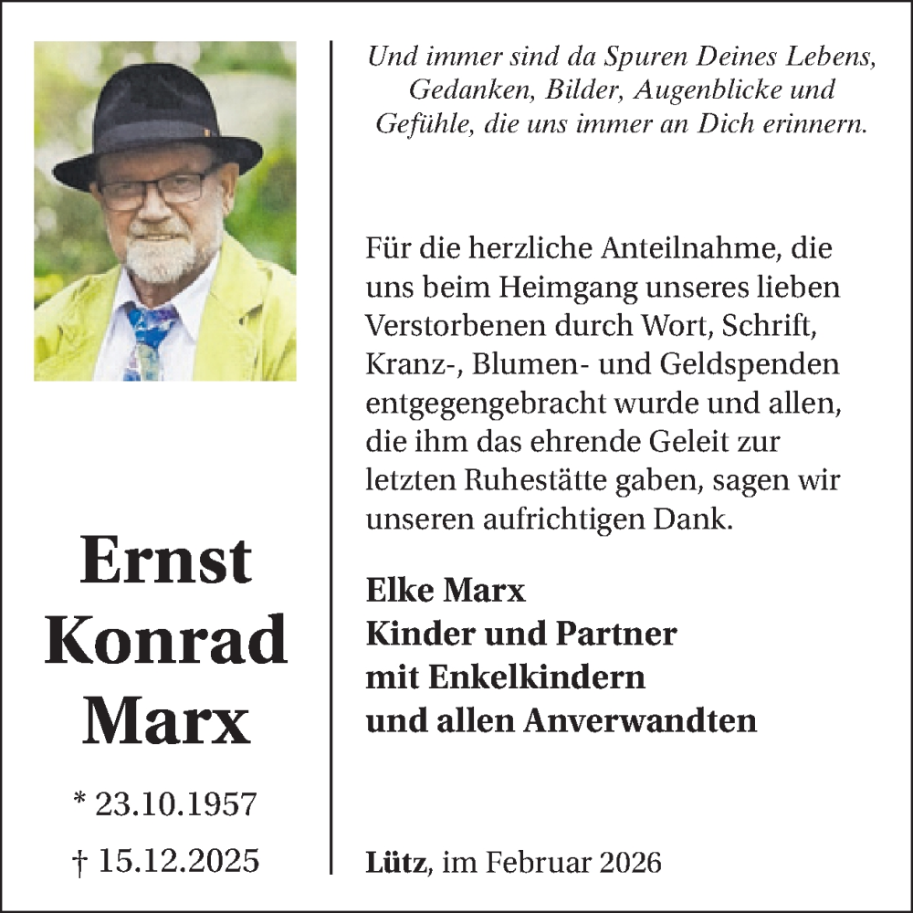  Traueranzeige für Ernst Konrad Marx vom 18.02.2026 aus WochenSpiegel