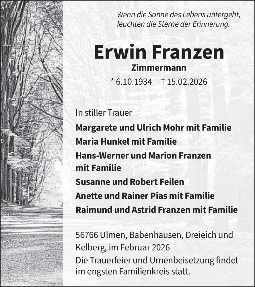  Traueranzeige für Erwin Franzen vom 25.02.2026 aus WochenSpiegel