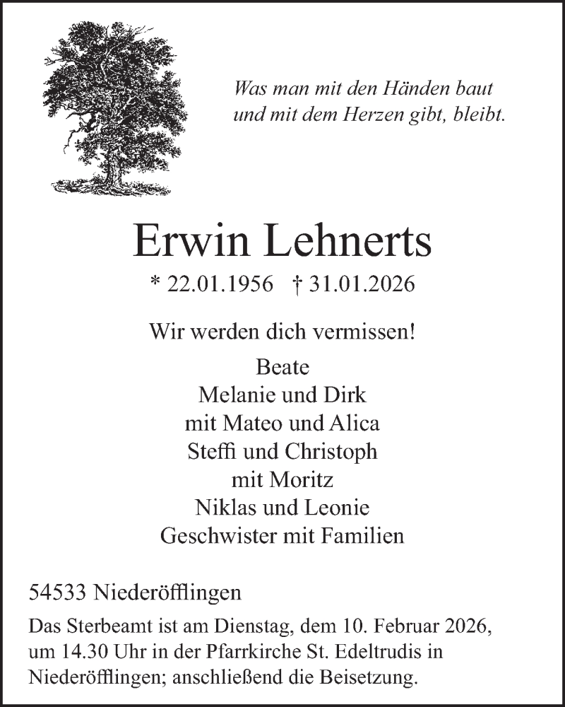  Traueranzeige für Erwin Lehnerts vom 06.02.2026 aus WochenSpiegel
