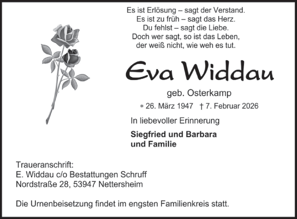  Traueranzeige für Eva Widdau vom 18.02.2026 aus WochenSpiegel
