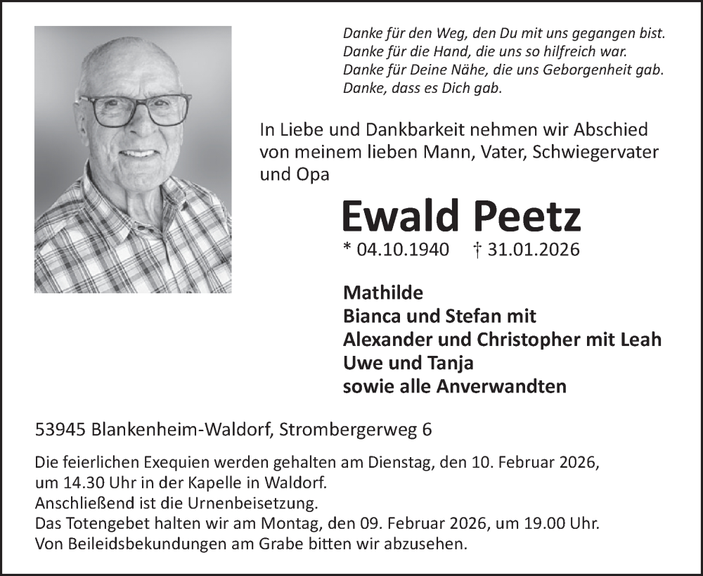  Traueranzeige für Ewald Peetz vom 04.02.2026 aus WochenSpiegel
