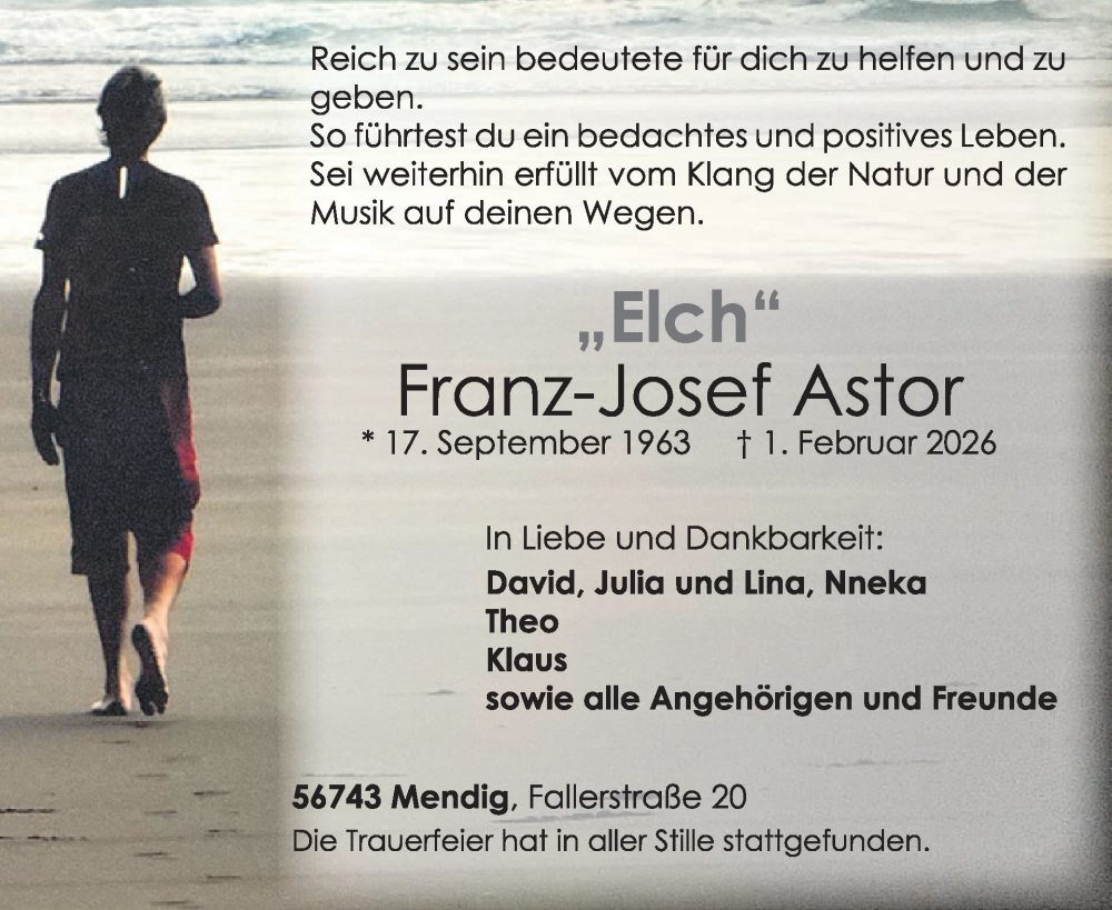  Traueranzeige für Franz-Josef Astor vom 11.02.2026 aus WochenSpiegel