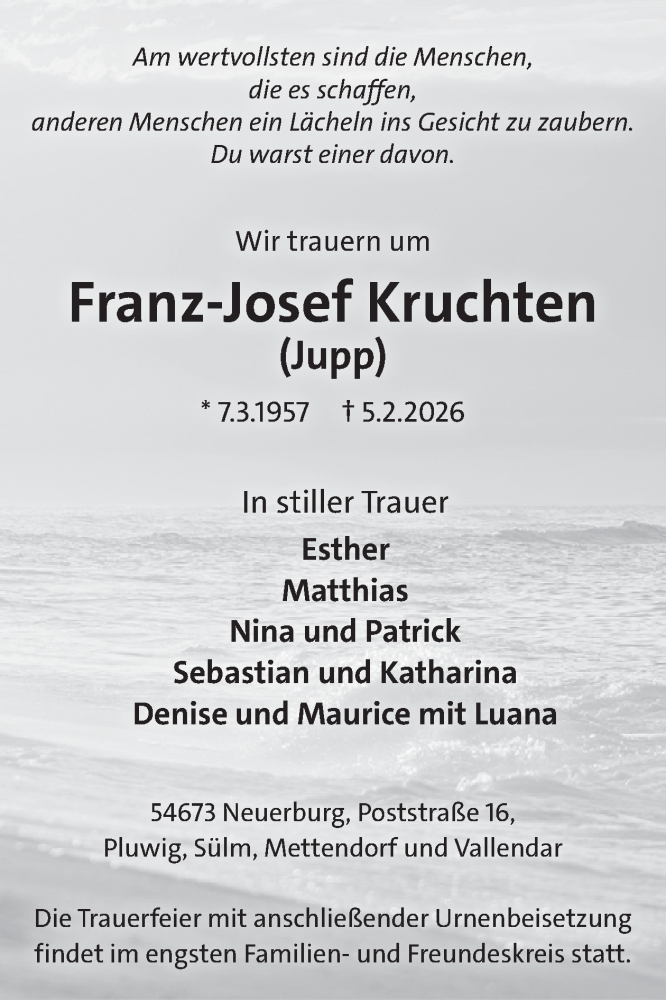  Traueranzeige für Franz-Josef Kruchten vom 13.02.2026 aus WochenSpiegel
