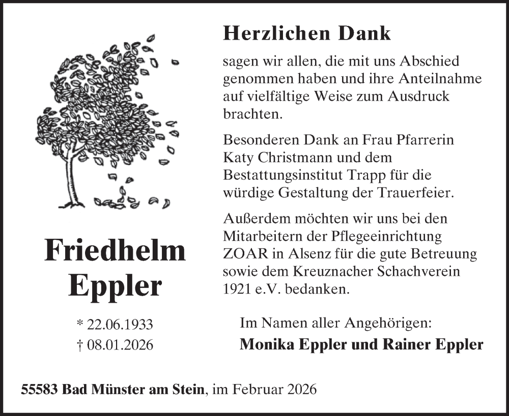 Traueranzeige für Friedhelm Eppler vom 07.02.2026 aus WochenSpiegel
