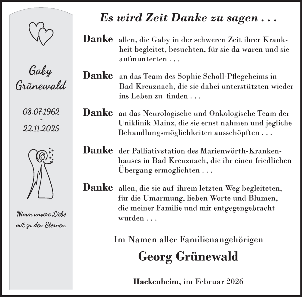  Traueranzeige für Gaby Grünewald vom 14.02.2026 aus WochenSpiegel