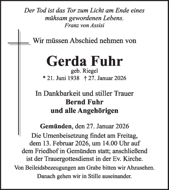 Traueranzeige von Gerda Fuhr von WochenSpiegel